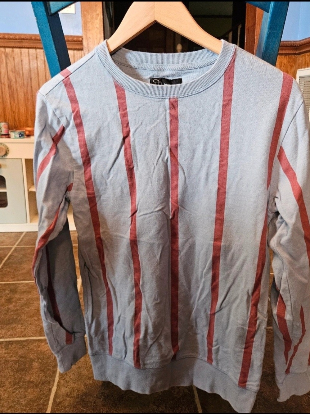 Original Use Light Blue Crewneck with Rust-Red Vertical Stripes